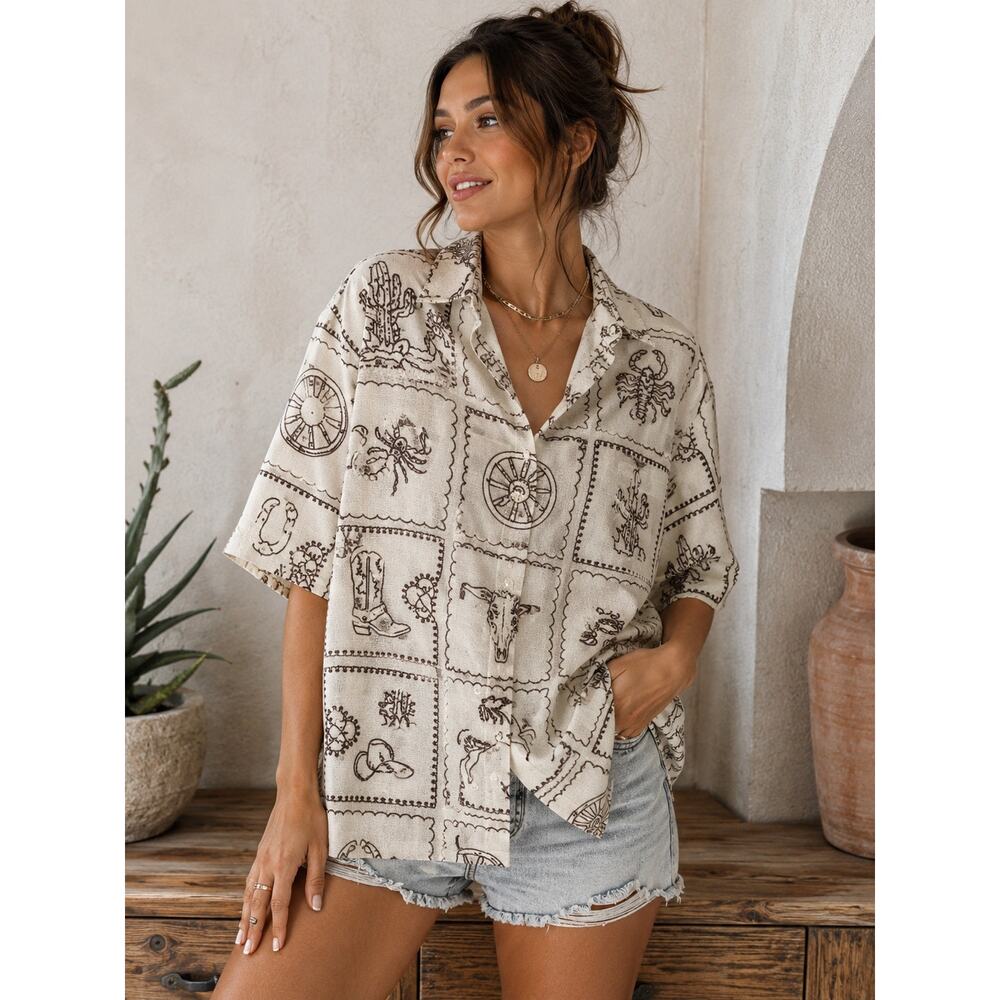 Malibu Desert Cowboy Graphic Button Front Shirt Womens L